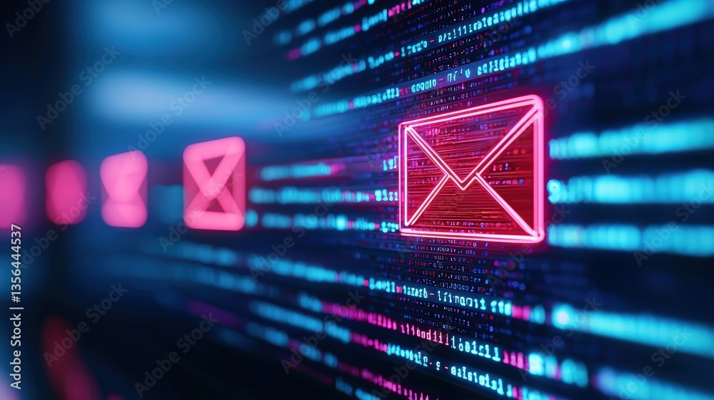 Poster a digital display featuring email icons with vibrant colors and binary code, representing modern com
