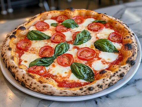 Delicious Margherita pizza topped with fresh basil and ripe tomatoes, perfect for a culinary delight.