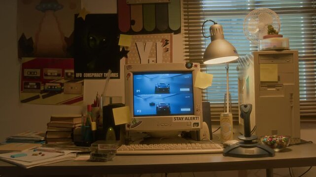 Handheld zoom in shot of 90s teenagers room with retro computer and racing video game playing on screen, copy space