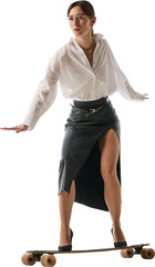 Woman in business attire balancing on longboard, symbolizing adaptability and dynamic balance in business against transparent background. Concept of business agility, work-life balance, leadership.