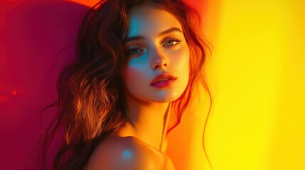 Fototapeta premium Radiant Beauty: A captivating portrait of a woman, her features illuminated by a vibrant play of light and shadow, evoking a sense of mystery and allure.