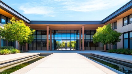 Low-angle view of modern office buildings in a tranquil courtyard architecture photography daylight setting