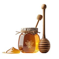 honey jar on stone pedestal with dripping honey and wooden dipper, warm light, premium food illustration