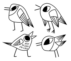 Cute collection with outline vector birds. Doodle illustration for decor, design, design