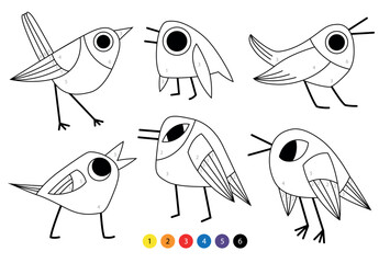 Coloring book for children. Vector illustration from outline. Cute birds. Color by numbers.  