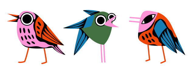 Collection of colorful birds. Vector illustration. Pink, red, blue, light blue