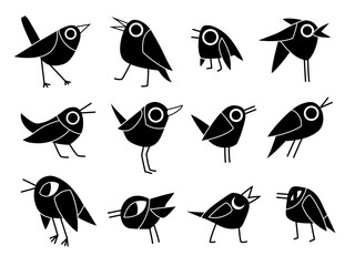 Set of birds silhouette. Vector doodle illustration with cute animals