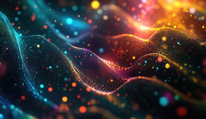 Abstract digital wave of particles in vibrant colors.  Dynamic display of glowing, textured, multicolored particles