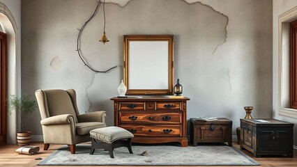 Vintage Rustic Living Room with Antique Armchair, Wooden Chest, and Cracked Walls