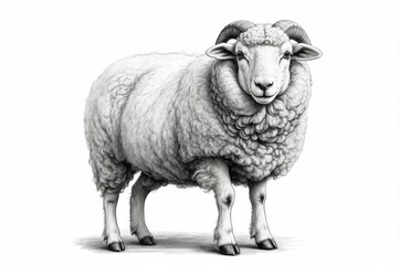 Fototapeta premium Detailed pencil sketch of a ram, full body, standing against a white background.