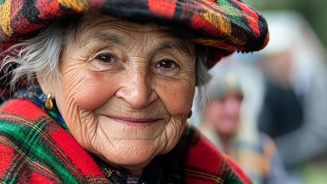 Elderly woman wearing traditional colorful hat and patterned scarf smiles warmly in a vibrant outdoor setting at a cultural festival