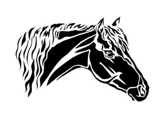 Abstract beautiful horse head silhouette. Horse portrait black and white. Vector illustration, isolated on white background. Template for embroidery, logo, design, tattoo, stencil and laser cutting