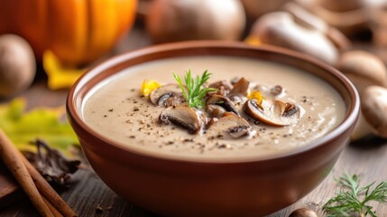 A delicious bowl of creamy mushroom soup on a wooden table