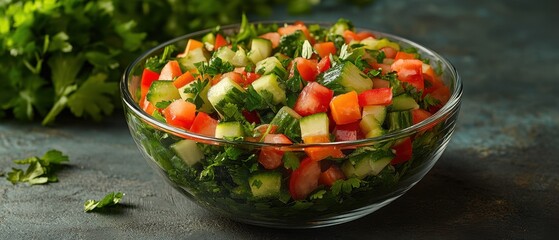 Refreshing chopped salad in glass bowl with vibrant tomatoes cucumbers and parsley on textured surface offering a healthy and delicious culinary experience