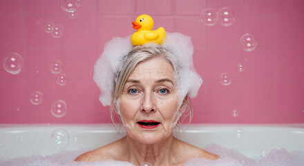 An elderly woman with white hair reacts with surprise while a duck rests on her head