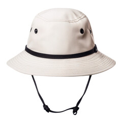Fototapeta premium Beige bucket hat with black band and chin strap on a transparent background. Fashionable sun protection for outdoor activities.