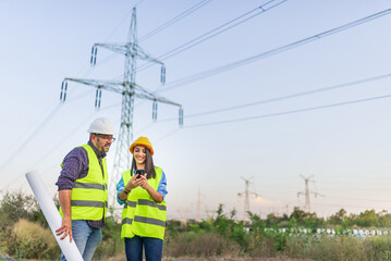 Fototapeta na wymiar Engineers using mobile phone while working near electricity pylons