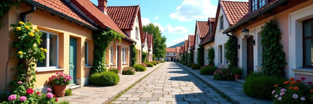 Vibrant urban landscape of Myshkin city on a summer day with quaint historic buildings, cobblestone streets, and colorful flowers,  historic buildings,  colorful flowers