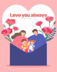 행복한 가족의 카네이션 가득한 가정의달 일러스트