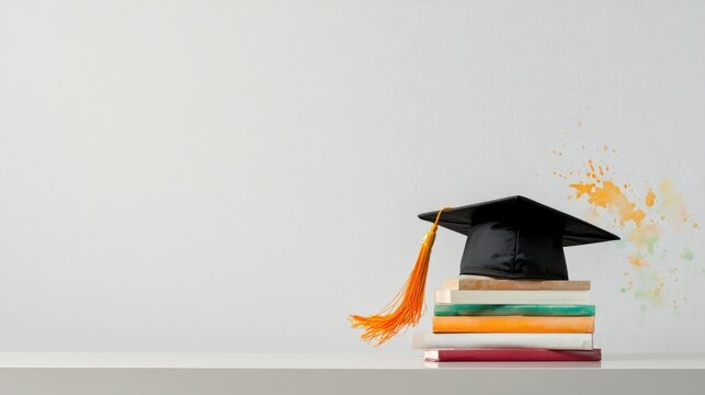 Graduation cap on books, simple backdrop