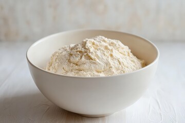 A white bowl filled with a large pile of flour