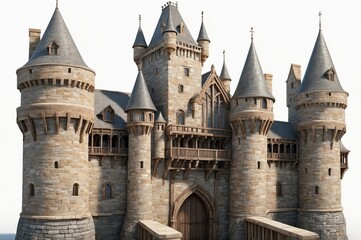 Majestic medieval castle, stone walls, towers, gatehouse, drawbridge.