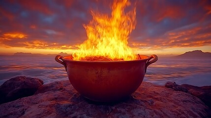 Fiery sunset bonfire in cauldron on rocks.