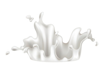 Realistic milk splash vector illustration. Milk poured into glass on white background