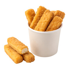 Deep fried fish, cheese or chicken sticks in take away paper bucket isolated