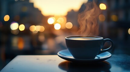 Fototapeta premium A steaming cup of coffee sits on a table at dusk