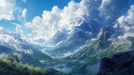 Obraz premium Majestic Mountain Landscape Valley Peaks Clouds Nature