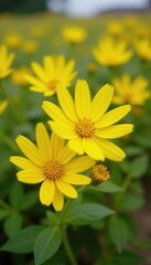 Fototapeta premium Vibrant yellow Meskel flowers blooming during Enkutatash festival in Ethiopia, culture, Enkutatash