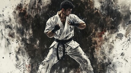 Fototapeta premium Powerful Karate Fighter Martial Arts Action Dynamic Pose Abstract Background