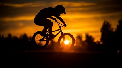 Fototapeta premium Sunset BMX Silhouette: A Rider's Golden Hour