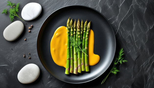 Elegant table setting of asparagus with sauce on black plate on stone background for gourmet dining with copy space