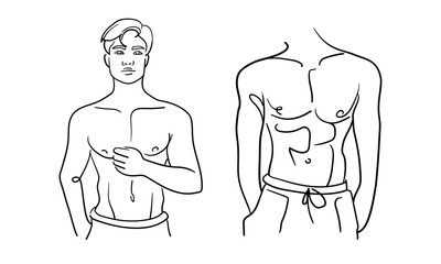 Man is a narcissist, admires himself on white background. Line art drawing. Sport guy asian model. Vector illustration