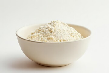 A white bowl overflowing with fine white flour substance