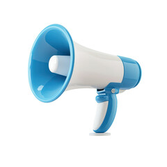Blue and white megaphone on a transparent background. Concept of announcement, communication, and promotion.