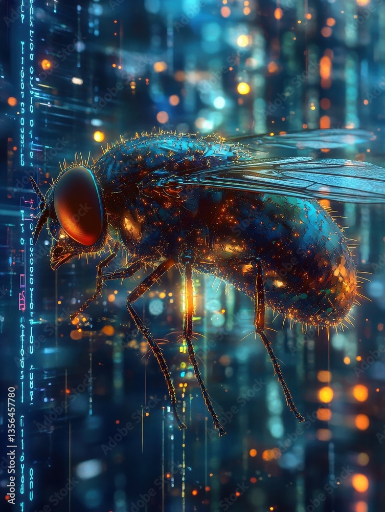 Poster a digital rendering of a fly composed of glowing particles against a background of data and code, re