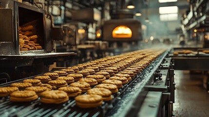 Freshly Baked Cookies on Conveyor Belt in Factory, A conveyor belt with freshly baked cookies in a factory setting