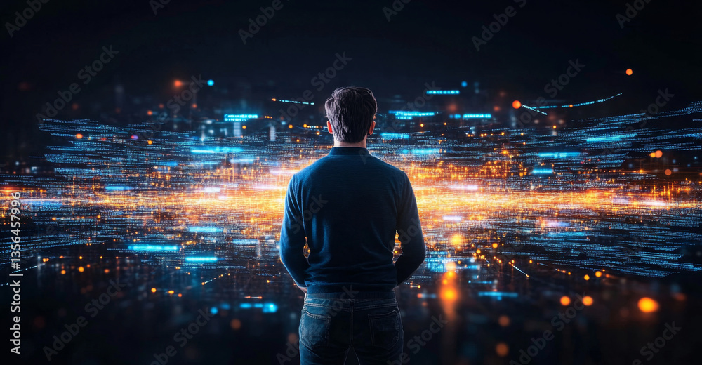 Poster a person stands in a field, contemplating the integration of modern technology in agriculture. the l