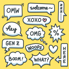 Hand-drawn colorful dialog illustration set in cartoon/comics style, featuring playful and cute designs. Perfect for projects related to children, youth, and playful communication.