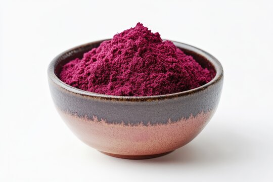 A small ceramic bowl contains vibrant magenta colored powder product