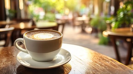 Fototapeta premium A white ceramic mug with coffee rests on wooden table