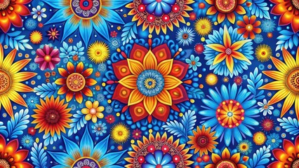 A kaleidoscope of vibrant flowers in a harmonious blue and orange color palette, showcasing intricate details and a cheerful, playful aesthetic.