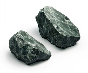 Two dark green rocks, different sizes,  isolated on white background.  Detailed stone textures