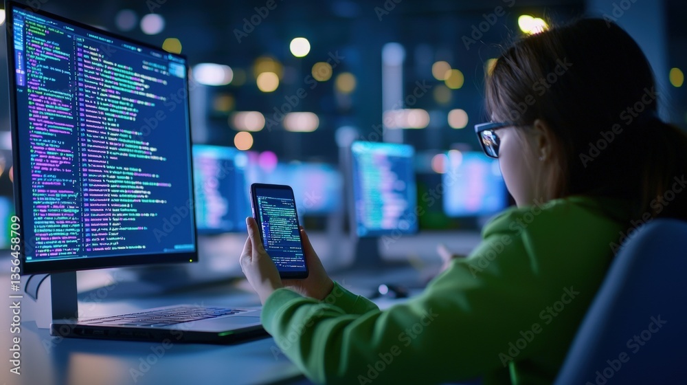 Poster a person coding on a computer while holding a smartphone, surrounded by a modern tech environment wi