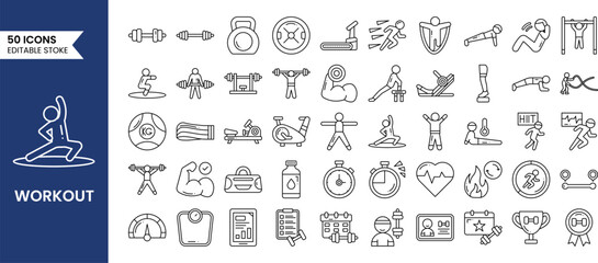 Fototapeta na wymiar Fitness exercise workout line icons set. Vector illustrations