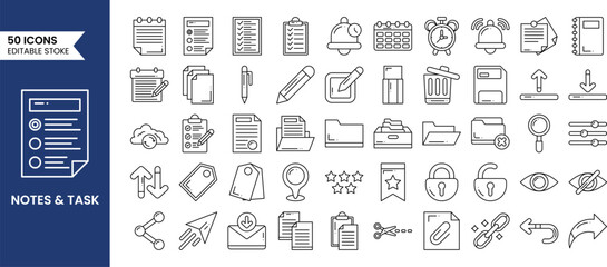 Note and task icons set in line style. Checklist, document, notepad, list and more. Vector illustration