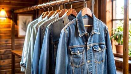 Classic blue denim jacket collection hanging indoors with copy space